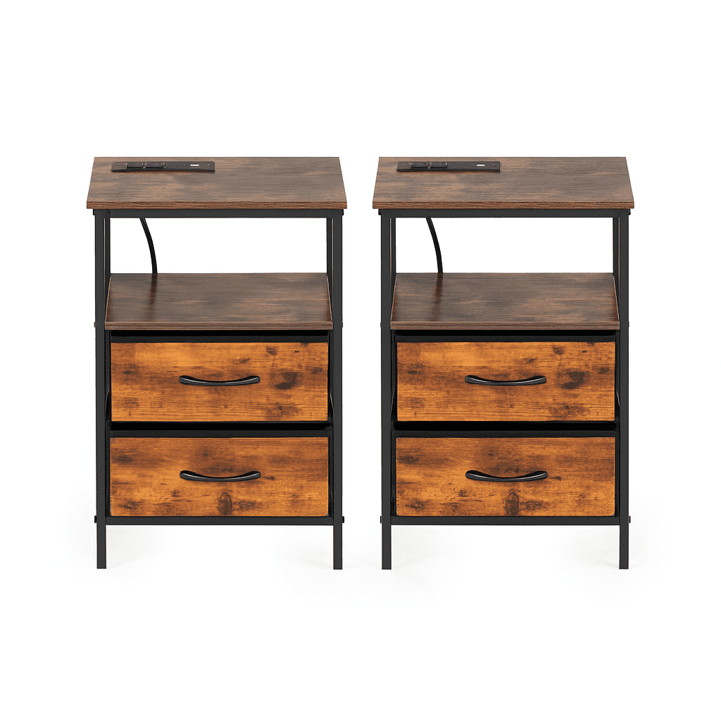 Homy Casa 2-Pack Nightstands with USB Ports and Drawers, Bedside Charging Table for Bedroom, Brown