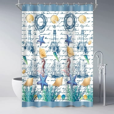 Extra Long 72"x84" Nautical Shower Curtain Set Rustic Navy Summer Bath Curtain Lightweight Water-Repellent & Washable Polyester Fabric Bathroom Curtain with Hooks