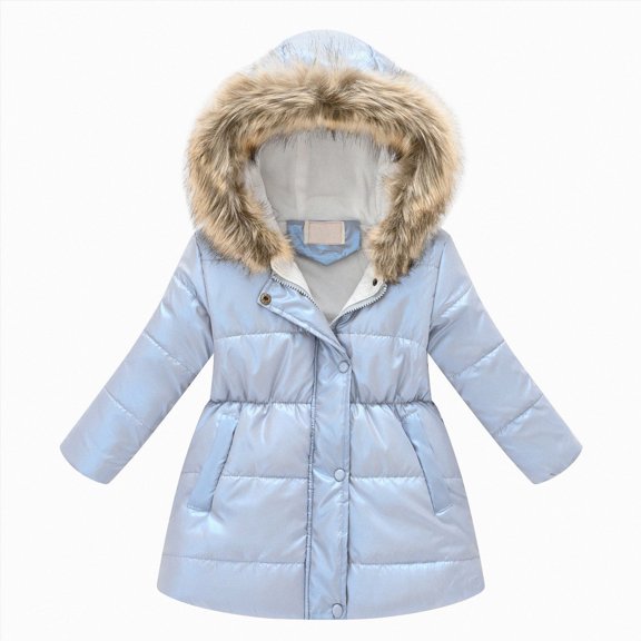 enyan Girls Winter Coat Jacket with Hooded Long Puffer Jacket Flower Print Warm Outdoor Coats for Kids(Light blue,10-11 Years)