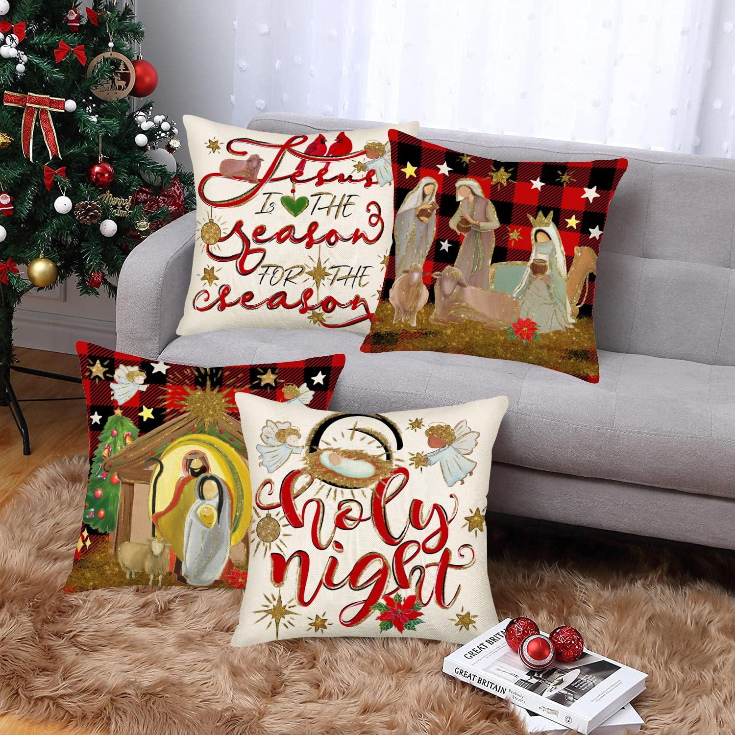 Merry Christmas Pillow Covers 20 x 20 Inch Nativity of Jesus Holy Night Cardinal Red Black Buffalo Plaid Throw Pillow Covers Set of 4 Xmas Tree Flower Saying Winter Holiday Cushion Case Decor