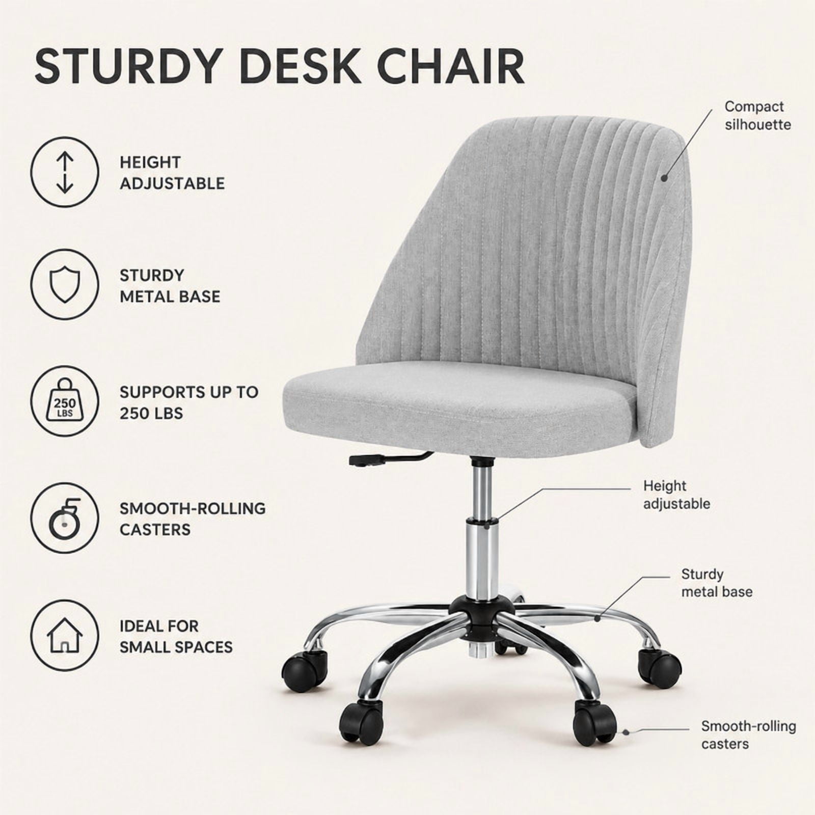 BEAUTYPEAK Armless Vanity Chair Adjustable Swivel Fabric Desk Chair with Padded Seat Wheels Mid-Back Office Chair, Light Gray