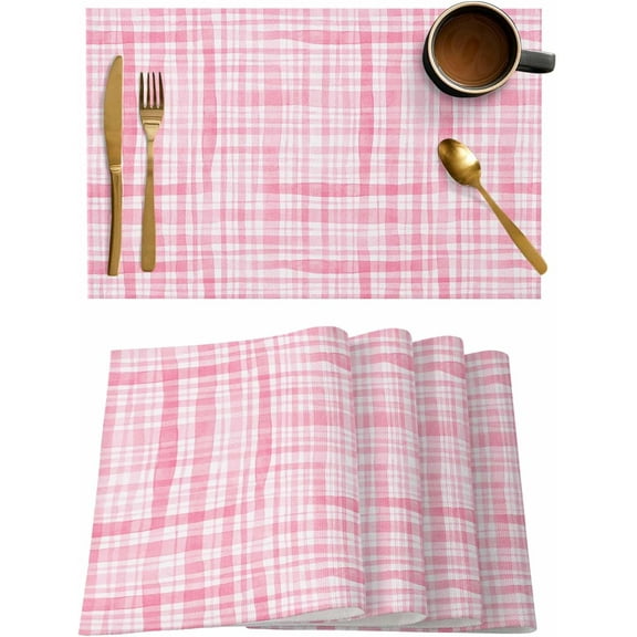 Watercolor Pink Lattice Placemats Set of 4,Washable Woven Burlap Cloth Fabric Placemat for Square/Rectangle/Round/Oval Dining Table,Easy Clean Place Mats for Kids Country French Style Buffalo Plaid