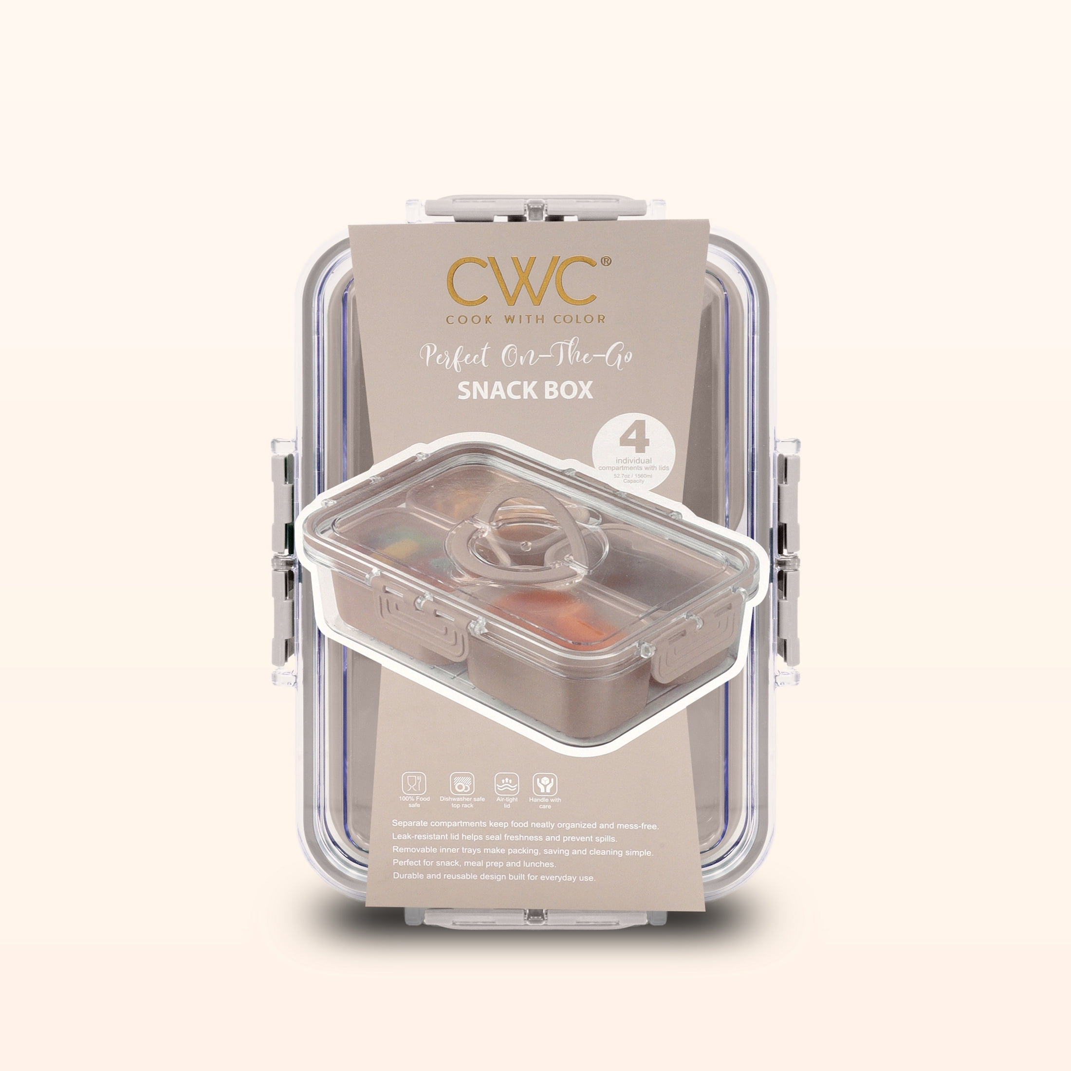Cook with Color 4-Compartment Mini Snack Box Food Storage Carrier, Charcuterie Container with Ice Pack, Portable and Dishwasher Safe, Taupe
