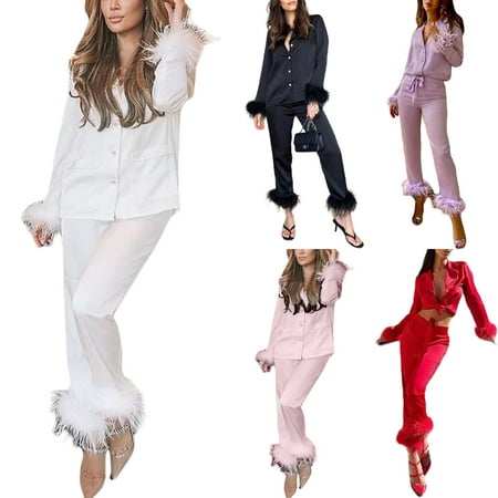 

Women s Outfits Sleepwear Party Pajamas Set Furry Long Sleeve Button Blazers Top+Straight Leg Pants Suit Autumn 2Pcs Loungewear