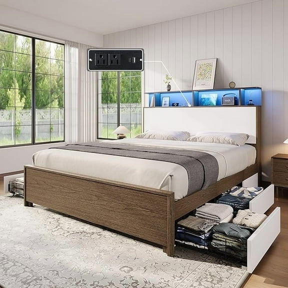 Papajet Queen Size Bed Frame with Bookcase Headboard, LED Light and 4 Storage Drawers, Brown