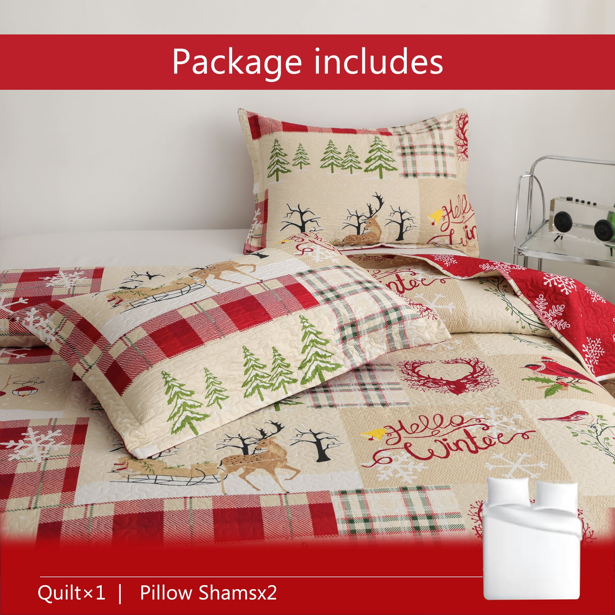 Smuge Christmas Quilt Sets Queen Full Size Reindeer Bedding Sets Snowman Xmas Bedspread Lightweight Snowflake Coverlet with 2 Pillow Shams, Beige Green