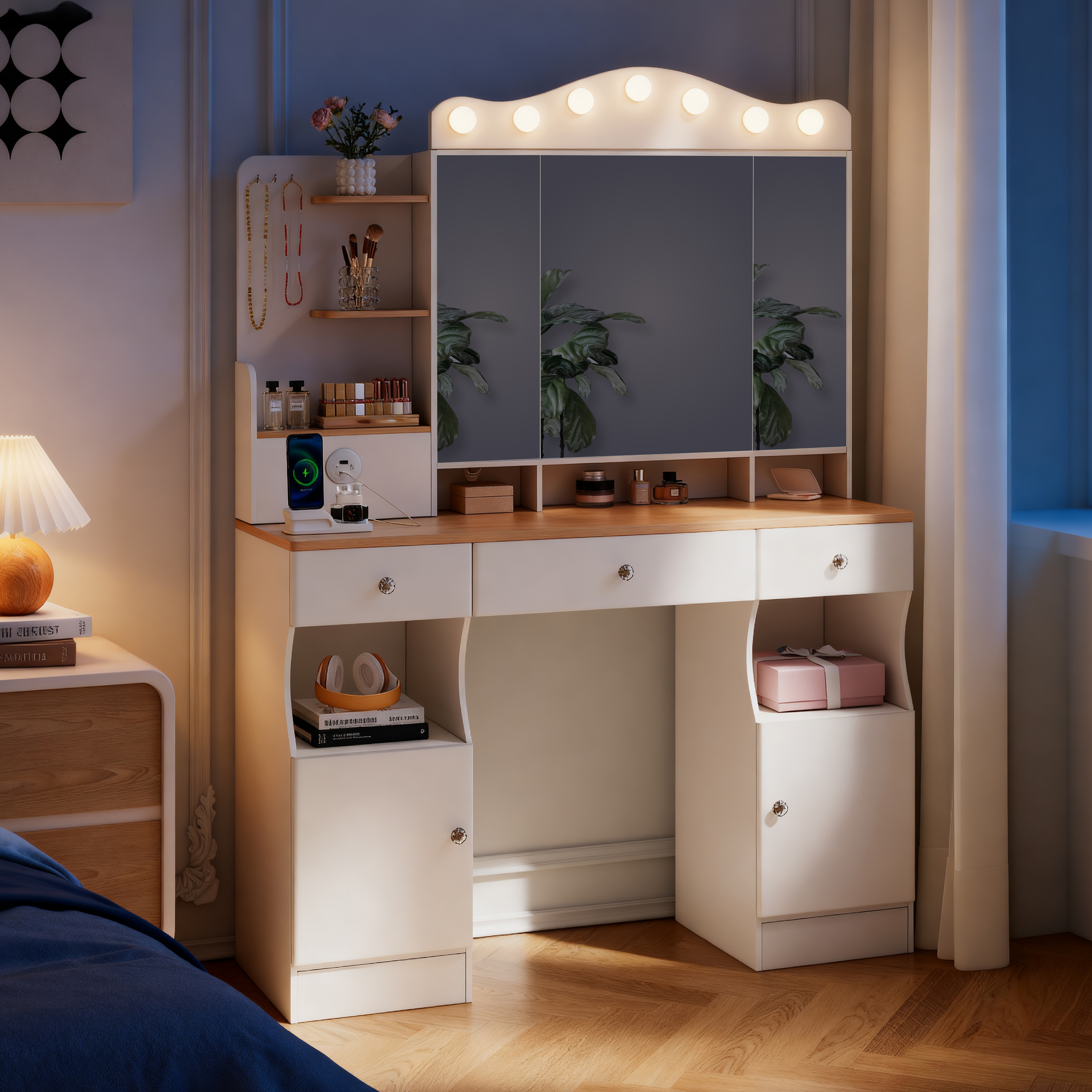 Yoneston Vanity Desk with Large Adjustable Light Mirror and 2 USB Ports, Makeup Table with 3 Drawers and 2 Cabients Storage for Bedroom,Dressing Room, White