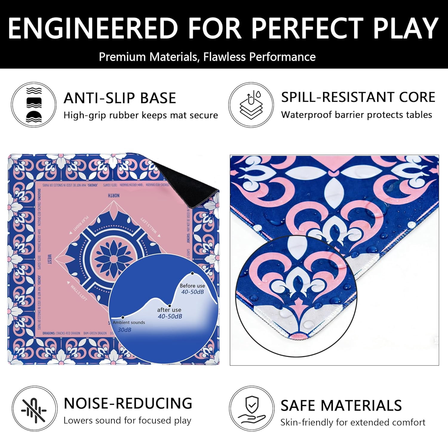 Mahjong Mat for Table, 31.5''''x31.5'''' Non-Slip & Noise Reduction Mahjong Mat with Rules,Mah Jongg Gift with Carrying Bag for Poker,Board Games,Dominoes,Cards & Tile Games (Pink)
