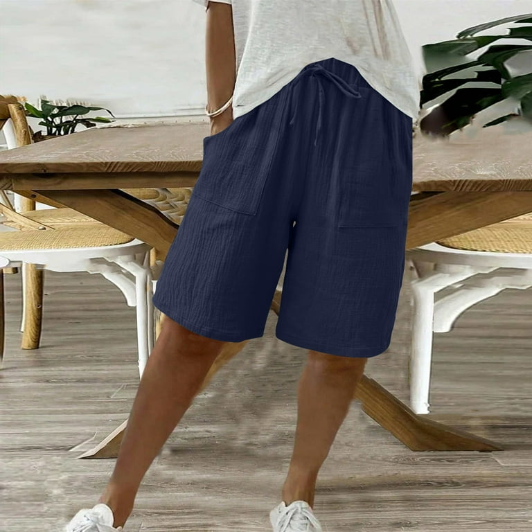 nerohusy Bermuda Shorts for Women Knee Length Cotton Linen Wide