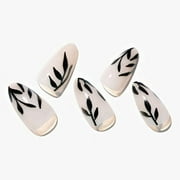 GLAMERMAID White Press on Nails Medium Almond, Nude Short Oval Fake Nails with French Design, Fall Ferns Leaves Semi-Transparent Gel Finish Reusable False Nail Kits for Women Glue on Nails Full Cover
