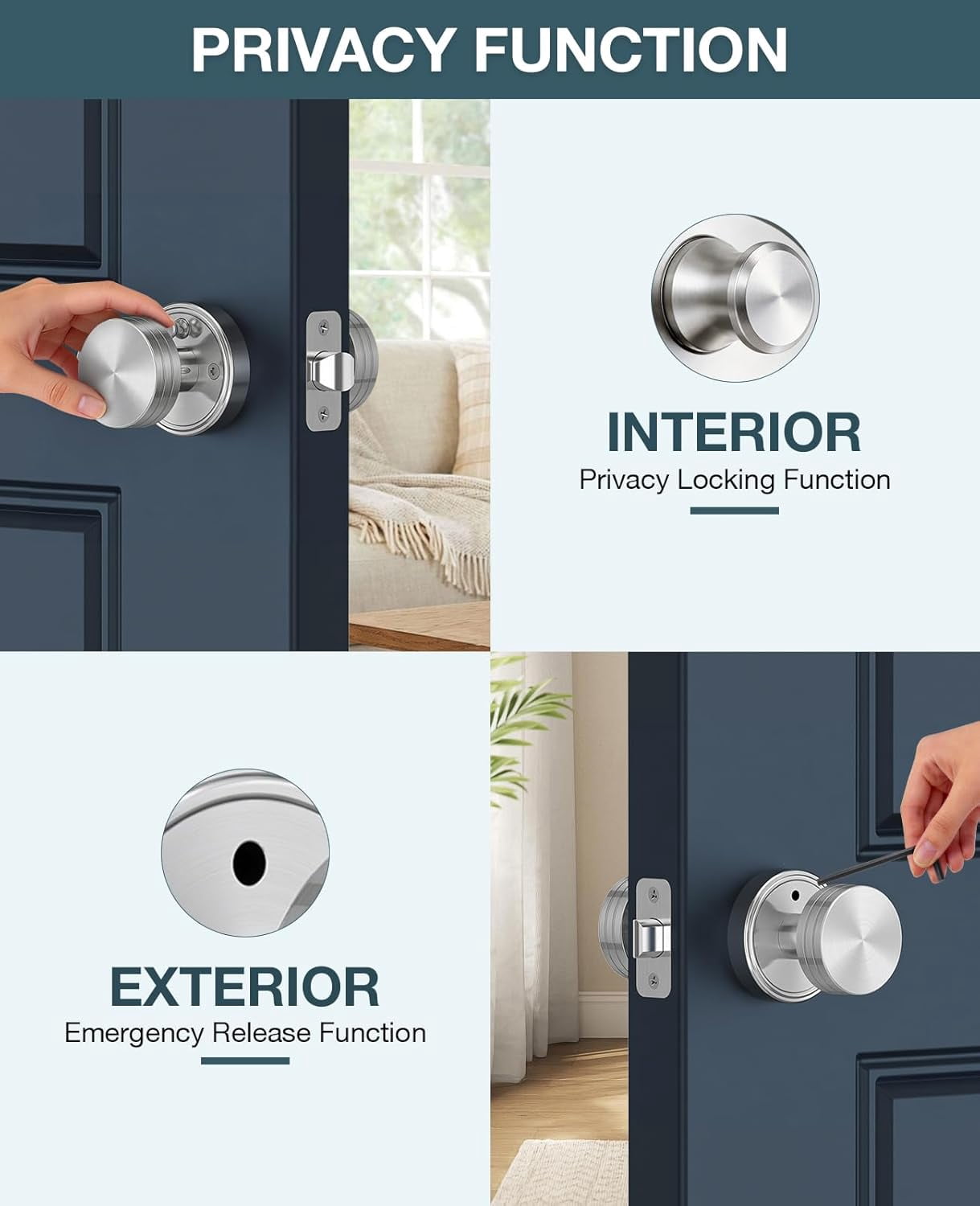 Klamerit Privacy Satin Nickel Door Knobs Heavy Duty Zinc Alloy Round Interior Door Knobs with Lock,for Bathroom & Bedroom