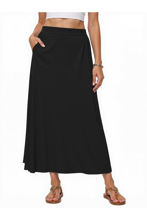 Long Skirts for women Boho Casual Maxi Skirt Trendy Elastic Waist Flowy Skirts with Pockets