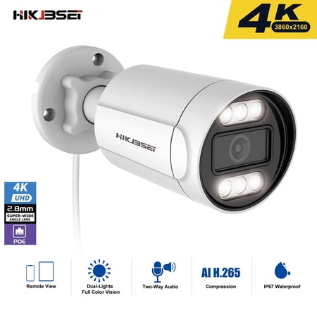 HIKJBSET UltraHD 4K (8MP) PoE IP Security Camera Outdoor , 2 Way Audio , 2.8mm Lens, IP67 Weatherproof, 100ft Night Vision