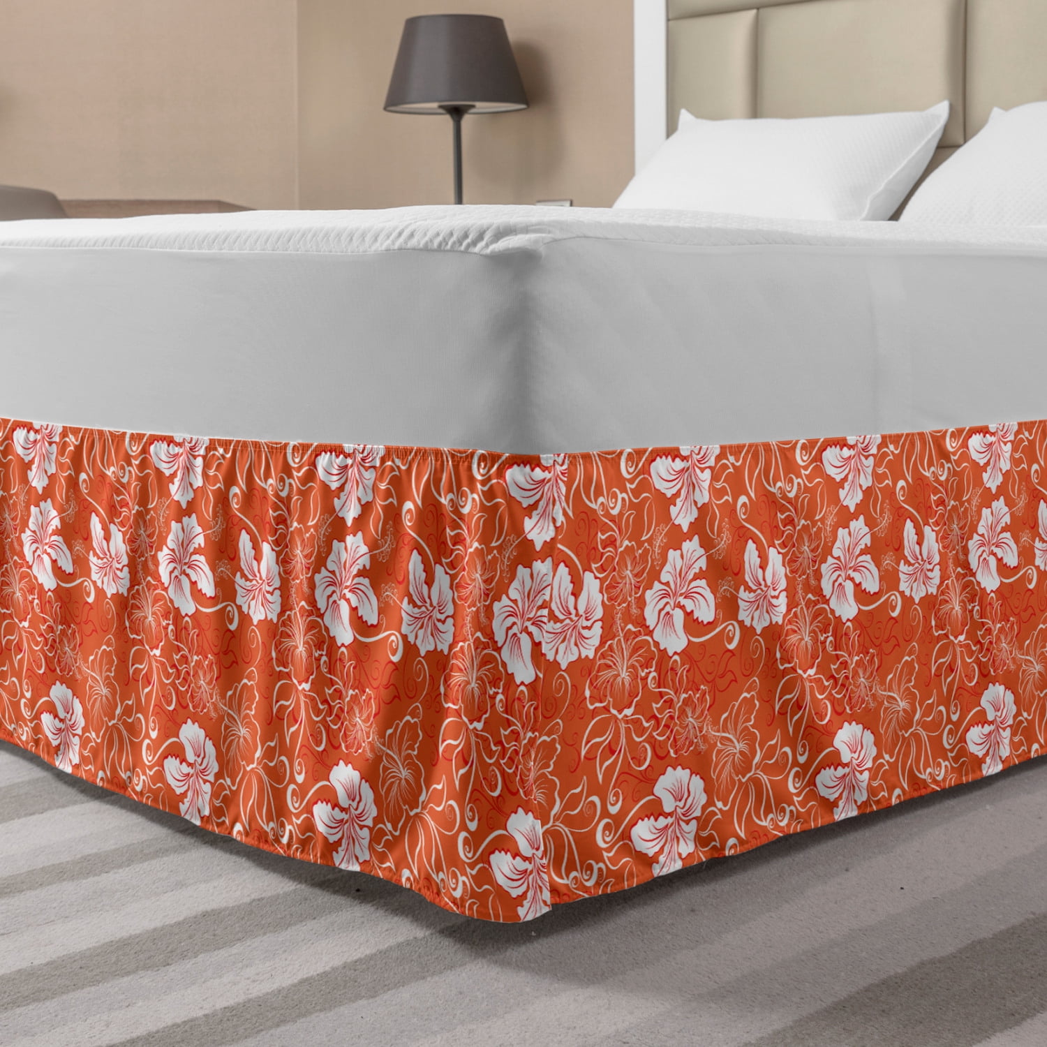 Burnt Orange Bed Skirt, Hawaiian Hibiscus Pattern with Swirls and Curves on Background, Elastic