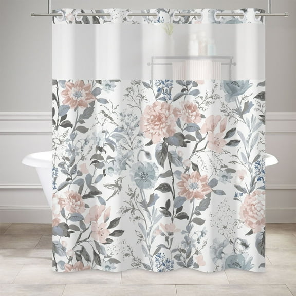 MIZHONA No Hook Floral Shower Curtains with Snap in Liner Vintage Fabric Bathroom Curtain,71"× 74"