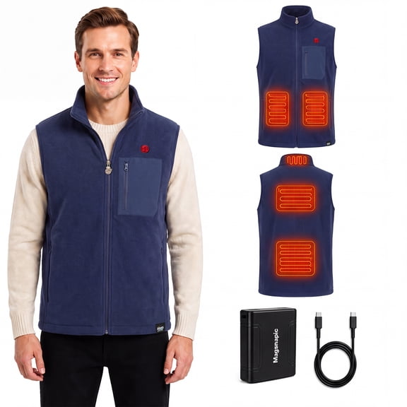 SNOWYES Men‘s Fleece Heated Vest, 5‑Zone Heating with Dual Independent Front & Back Control, 6000mAh Battery Rechargeable Electric Heated Vest for Outdoor Skiing Hiking