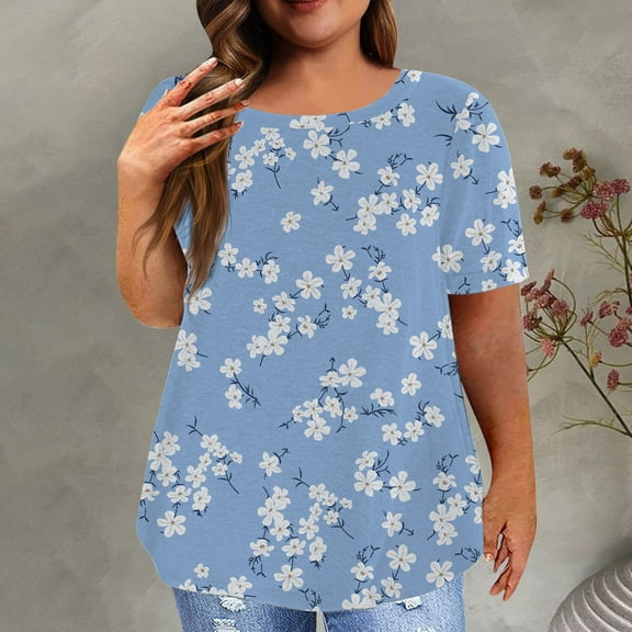 Alllist Going Out Tops for Women Blue Floral Short Sleeve Crew Neck T-Shirts Summer Blouses