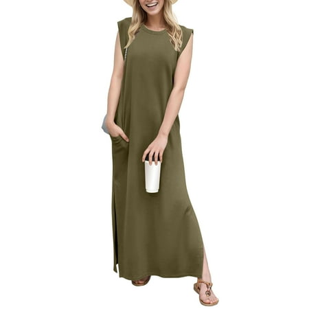 Bodycon Dresses For Women  Tank Casual Split Cotton Long Maxi Beach Dress With Pockets Gold Shoes Women Dressy Boots Men Floral Dresses 2025 Formal Gowns And Dresses Maxi (L  Army Green) ZMTing