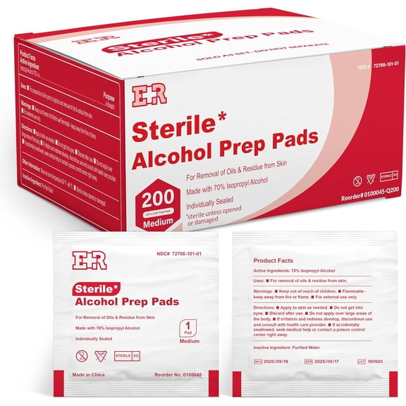 Ever Ready First Aid 70% Isopropyl Rubbing Alcohol Prep Pads 2-Ply Antiseptic Alcohol Wipes, 200 Count