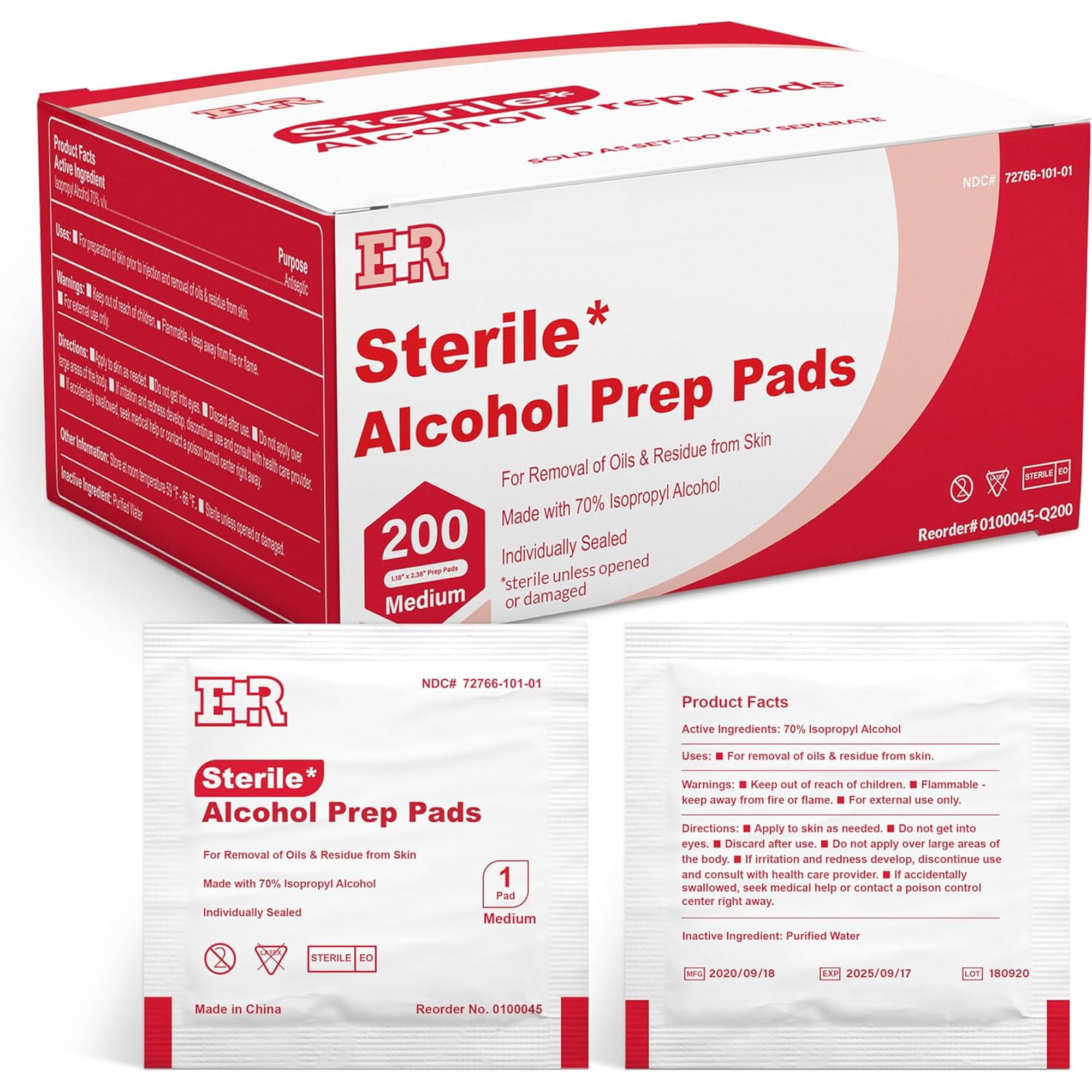 Ever Ready First Aid 70% Isopropyl Rubbing Alcohol Prep Pads 2-Ply Antiseptic Alcohol Wipes, 200 Count