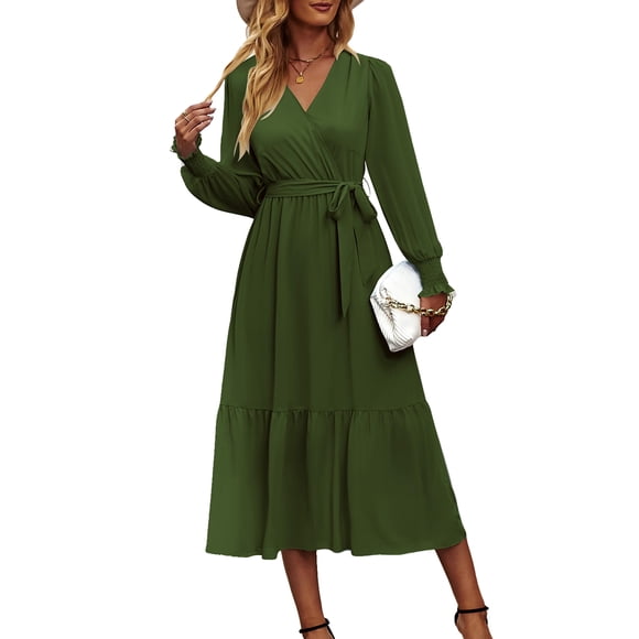 Vestido PRETTYGARDEN Cruzado con Cuello en V, Mangas Largas y Volantes, Maxi, Talla M