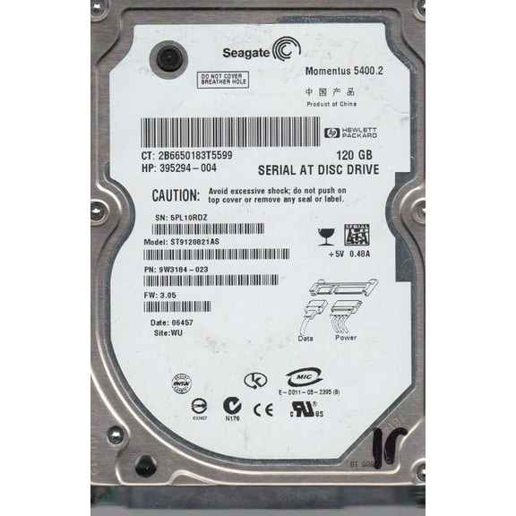 ST9120821AS, 5PL, WU, PN 9W3184-023, FW 3.05, Seagate 120GB SATA 2.5 Hard Drive
