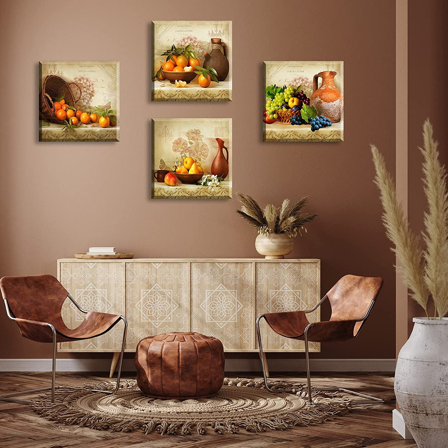 Kitchen Wall Decor Canvas Art for Dining Room Vintage Theme Fruit Pictures Farmhouse Rustic Signs Paintings Bar Accessories Realism Colorful Framed Decorations 4 Pcs/Set