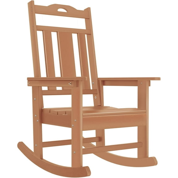 HDPE Outdoor Rocking Chair, All Weather Resistant Patio Rocker Chair with 350 lbs Heavy Duty, High Back Oversized Rocking Chair for Adult in Porch, Ergonomic Seat & Wide Armrest (Teak)