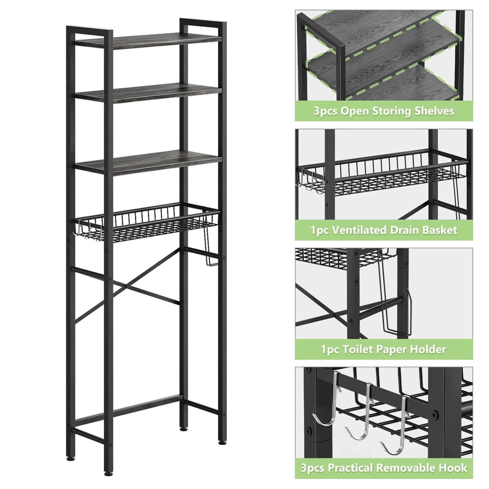 Biemlerfn Over The Toilet Storage Shelf, 4-Tier Wooden Bathroom Organizer Adjustable Saver Space Rack with Toilet Paper Holder, Natural Gray