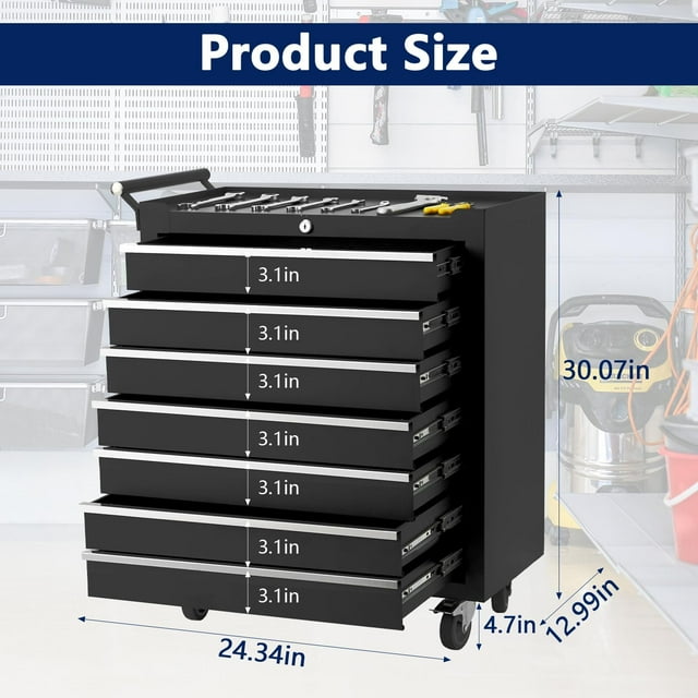 GloryStar Coffre à Outils Roulant à 7 Tiroirs, Armoire à Outils Verrouillable Robuste de 24 Pouces avec Roues, Organisateur de Rangement Professionnel pour Garage et Atelier pour Usage Domestique et Industriel