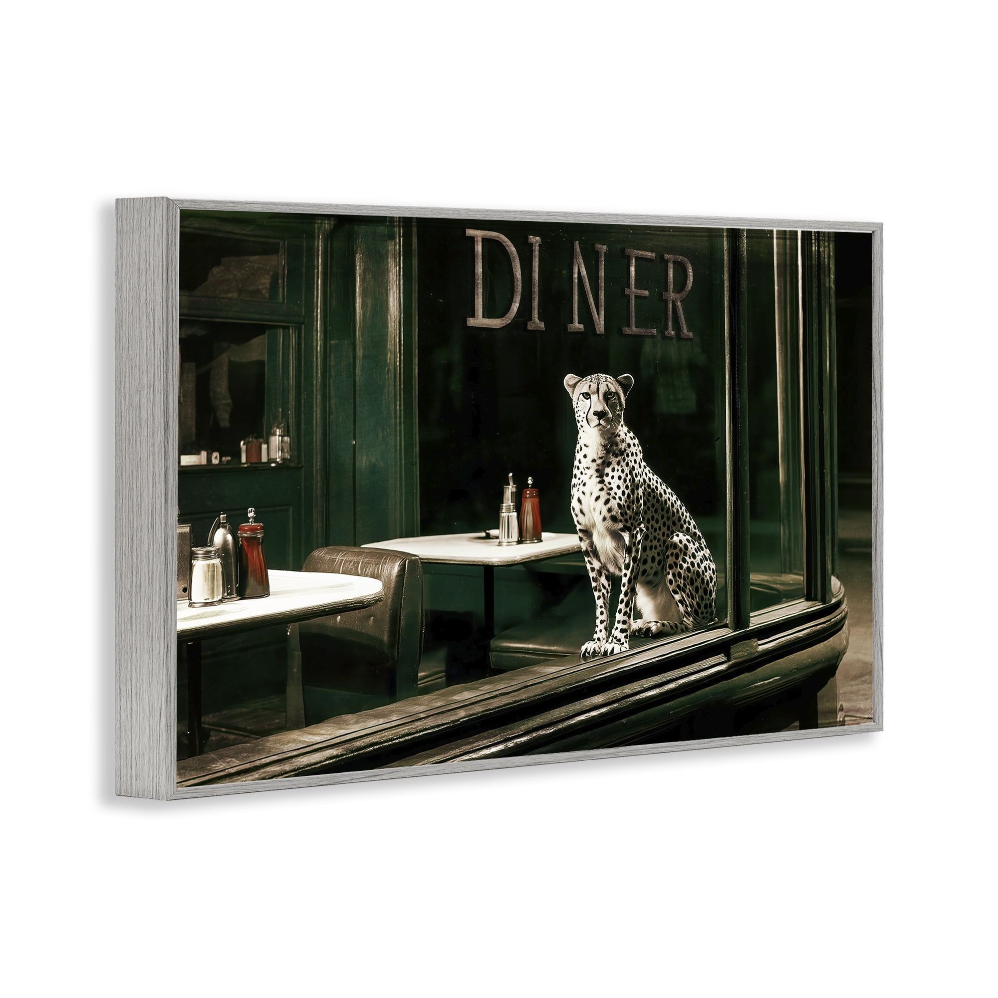 Stupell Industries Diner Sentry Leopard Gray Framed Giclee Art, design by Annabelle Hall