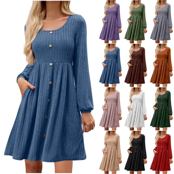 Lovzfmll Women's Mid-Length Dress, Crew Neck Long Sleeve with Button Pocket & Brushed Texture, Casual Shift Dress Blue, S