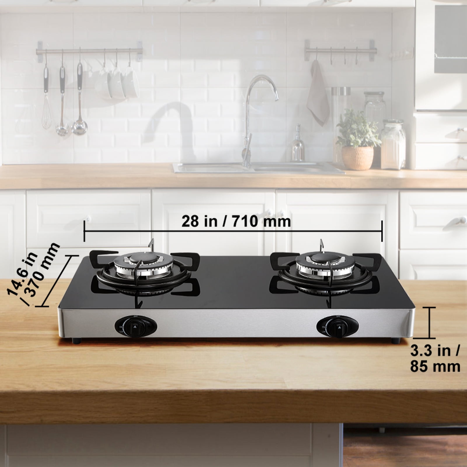 BENTISM Gas Cooktop Tempered Glass Countertop Cooktop 28" Max 10100BTU 2 Burners