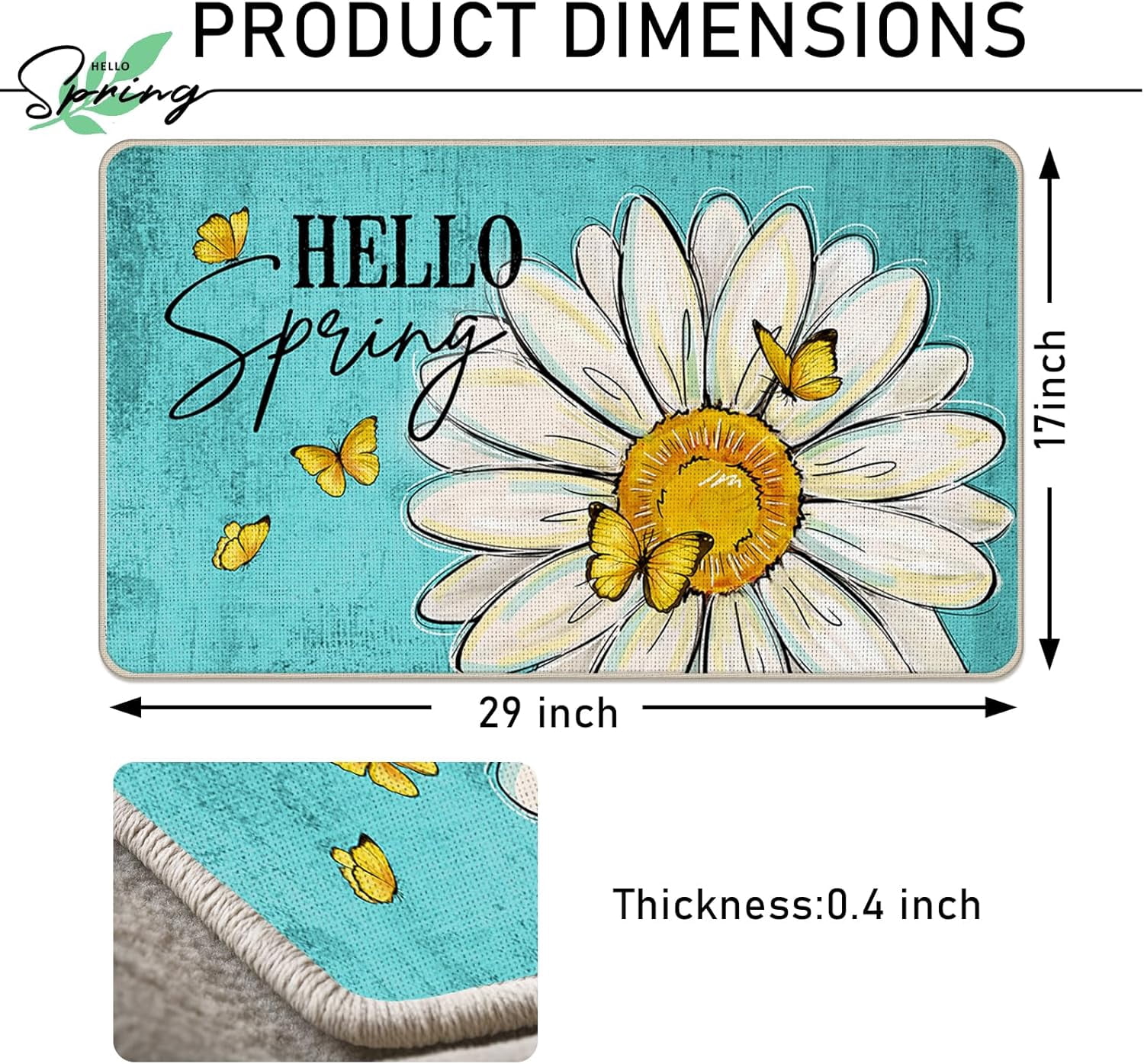 Hello Spring Daisy Flower Decorative Front Door Mat, Floral Butterfly Teal Doormat Indoor Outdoor Non-Slip Floor Entryway Rug, Seasonal Home Kitchen Decoration 17x29 Inch