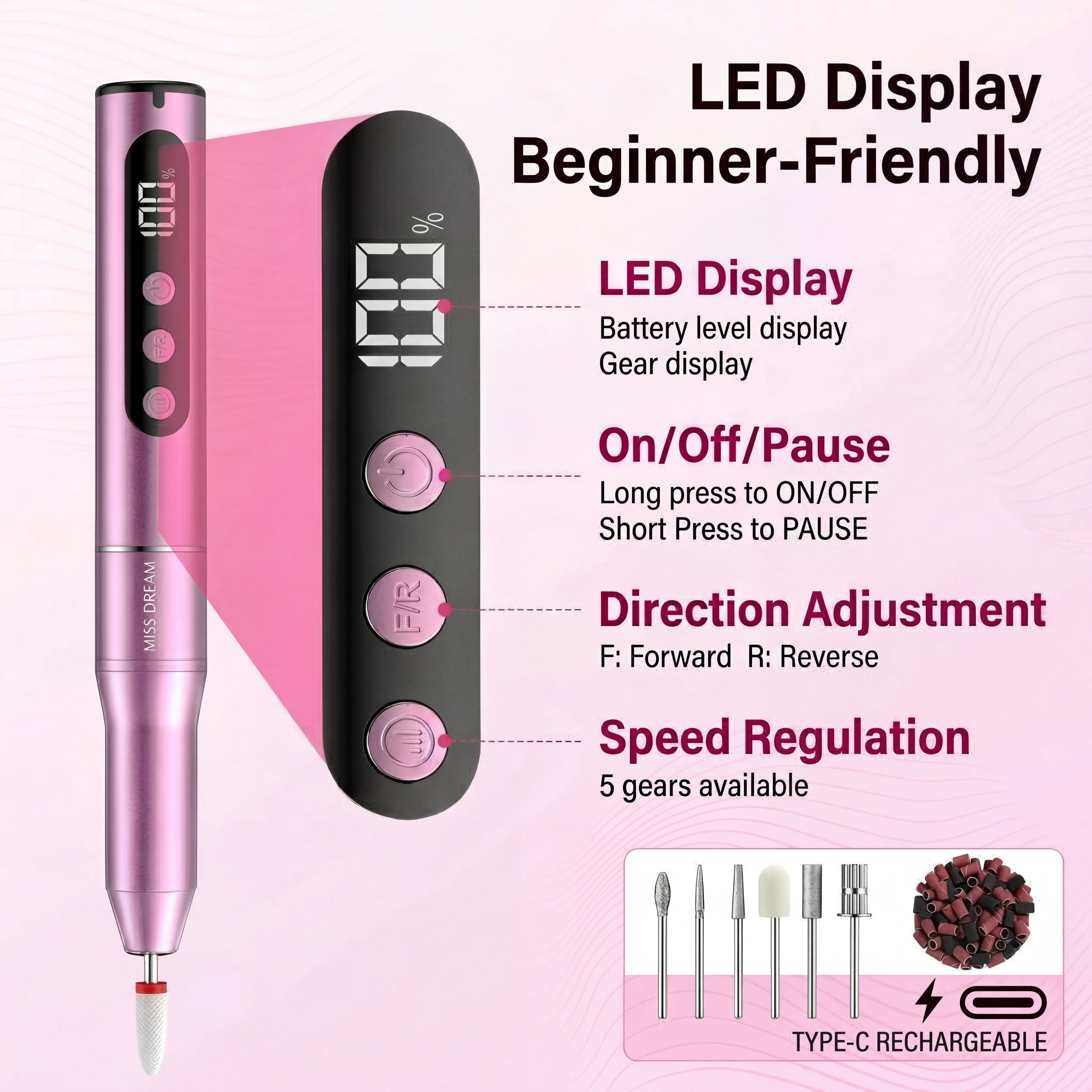 Cordless Electric Nail Drill, 35,000 RPM Rechargeable Nail Drill Machine with 12 Nail Drill Bits, Portable Electric Nail File with LCD Display for Acrylic and Gel Nails, Manicure & Pedicure, Pink