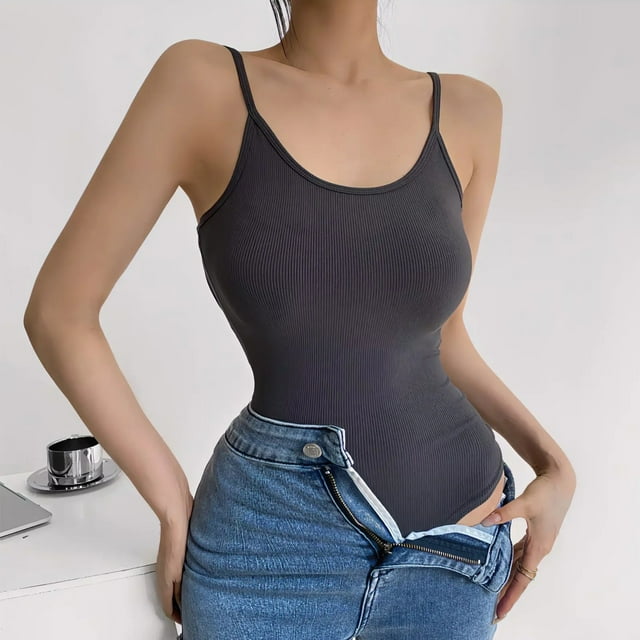 Combinaison Sans Manches pour Femmes Couleur Unie Élastique Col Rond Manches Longues