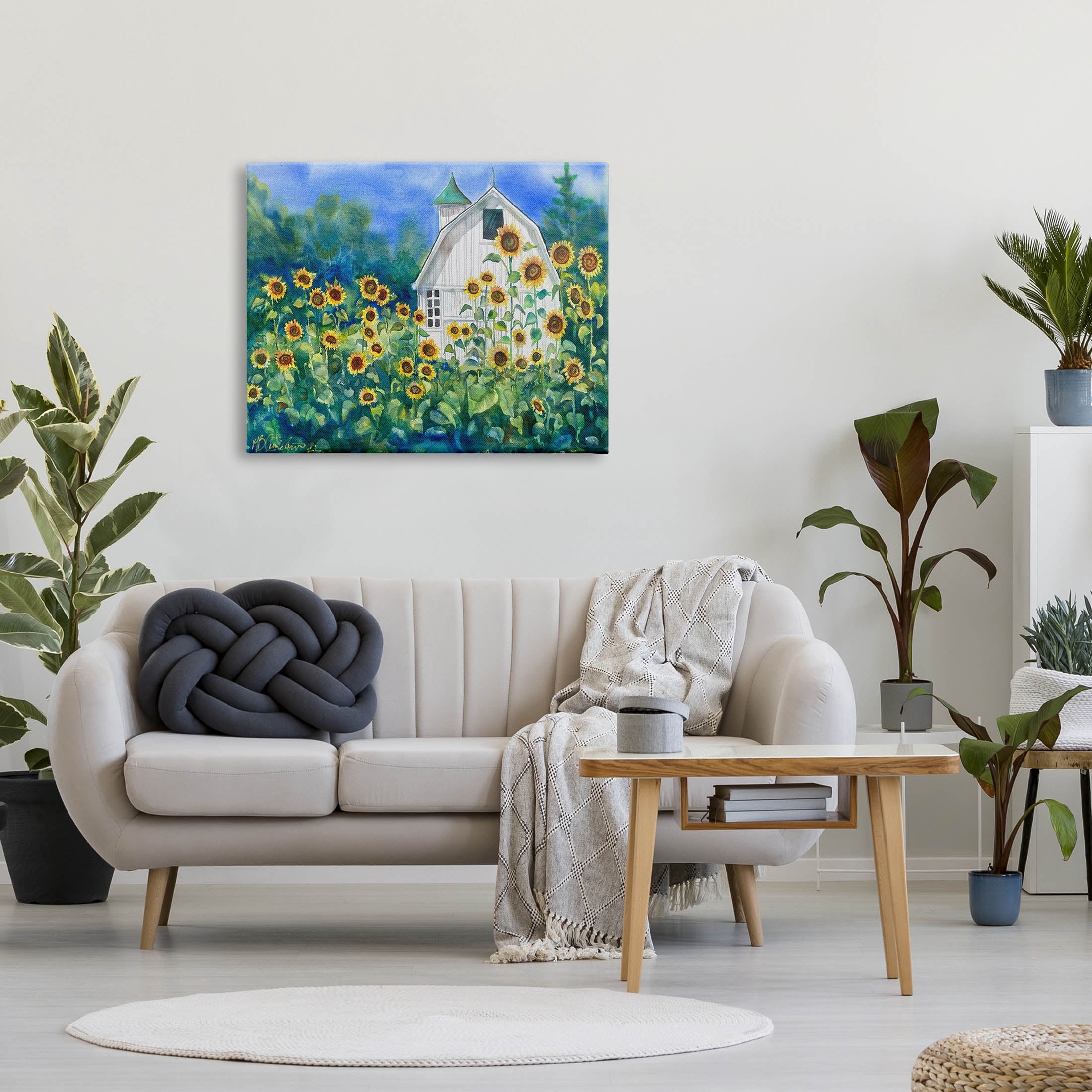 Tall Sunflowers Country Barn Landscape Painting Gallery Wrapped Canvas Print Wall Art