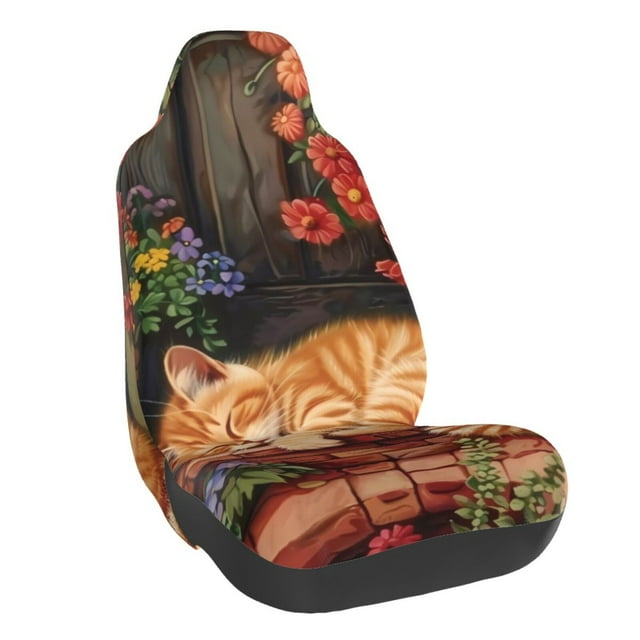 Wukai Sleeping Cat Flowers Full Set Car Seat Covers with Soft Padding Universal Auto Front Seats Protector and Cushion Mat