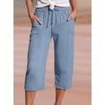 thumbnail image 6 of Women Wide Leg Pants Summer High Waisted Pants Drawstring Casual Trousers with Pockets Light Blue M, 6 of 7