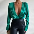 thumbnail image 2 of hgsbede Fashion Womens Casual Solid Deep V-Neck Shoulder Pads Long Sleeve Shirt Bodysuit Tops, 2 of 8