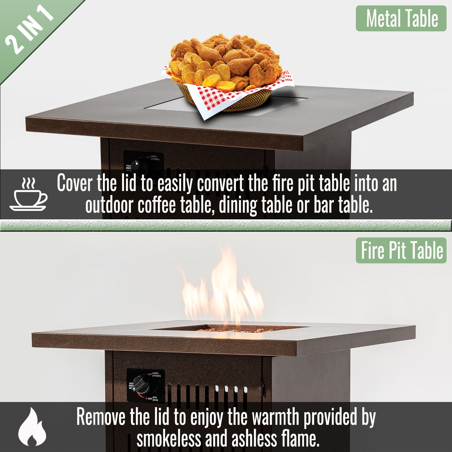 28" Fire Pit Table, Propane Fire Pit with Lid, Lava Rocks, 50000 BTU Outdoor Gas Fire Pit, Metal Square Propane Fire Pit for Outside Garden Backyard Deck Patio, Brown, LLL4008