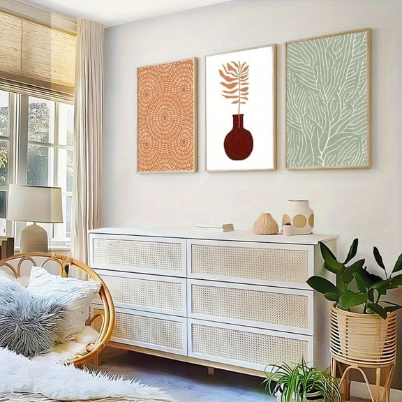 3pcs Modern Minimalist Canvas Art Set - Abstract Geometric & Botanical Prints with Terracotta Vase, Sage Green Foliage - Contemporary Boho Wall Decor for Living Room, Unframed, Restaurant Wall Decor