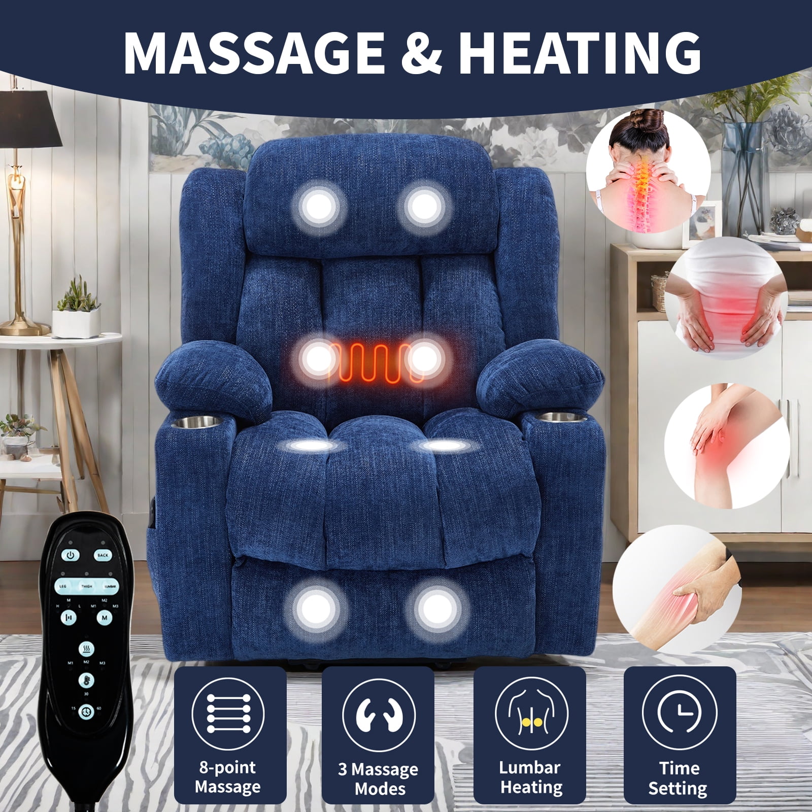 Power Lift Recliner Chair with Heat and Massage, 8-Point Vibration & Lumbar Heat, 350LB Capacity, Infinite Position, USB Charger, Side Pockets, Soft Fabric for Elderly, Dark Blue