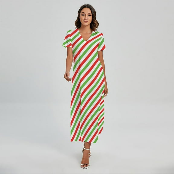 Christmas Candy Cane Striped Printed Short Sleeve Maxi Dress, Jesus Christian Fashion Summer Maxi Dress For Women