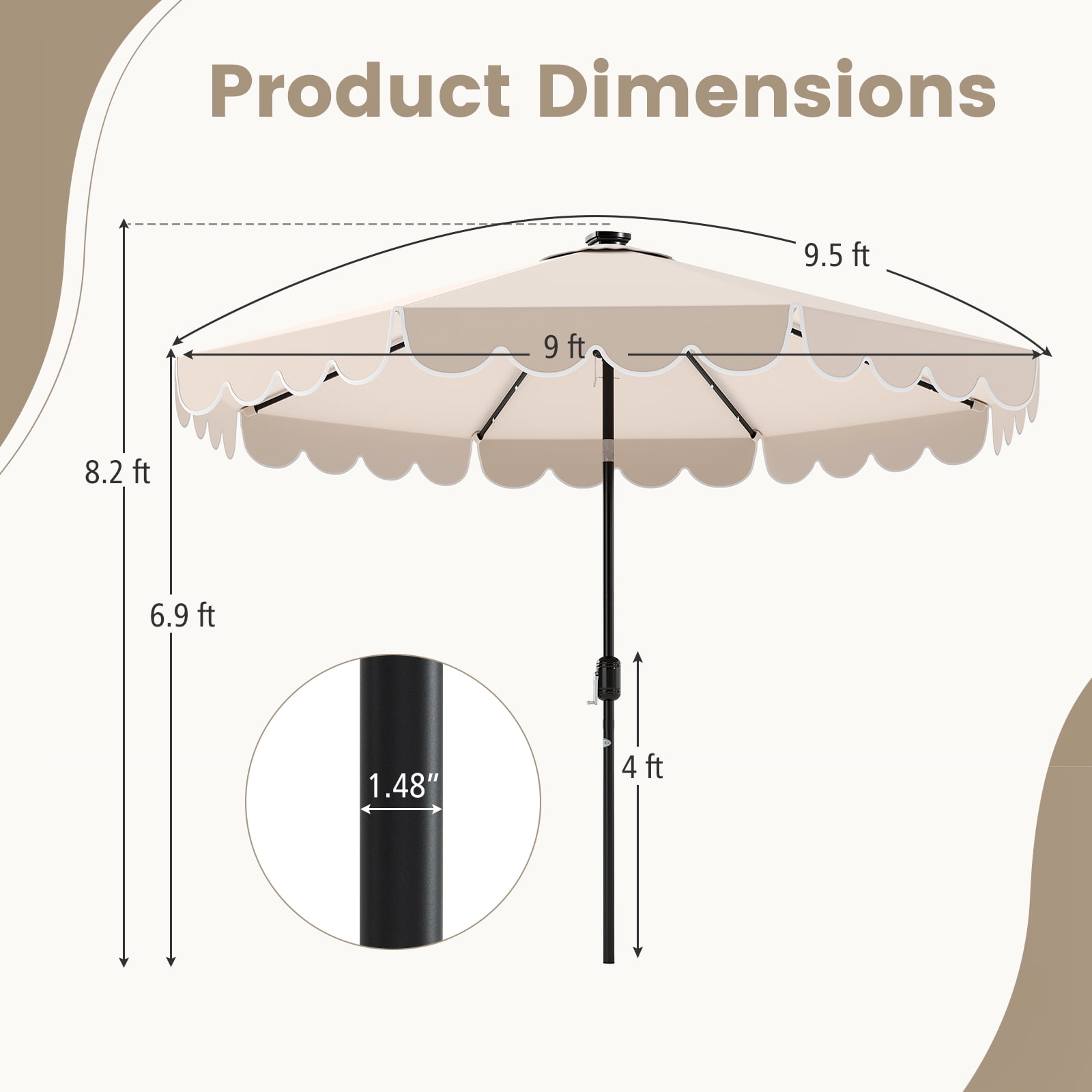 Gymax 9.3 FT Solar Patio Umbrella w/ 32 LED Lights & Vented Top & Ruffles Beige
