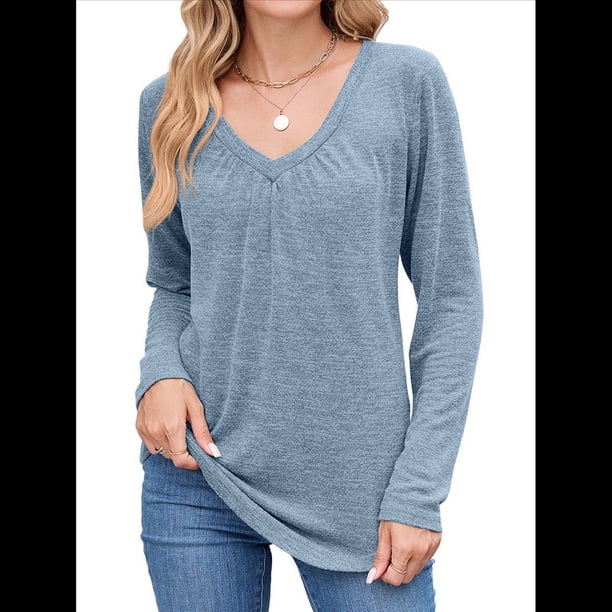 Camisetas de Larga para Mujer, Cuello en V, Suaves, Básicas, Holgadas, Informales, Moda de Otoño. Azul L