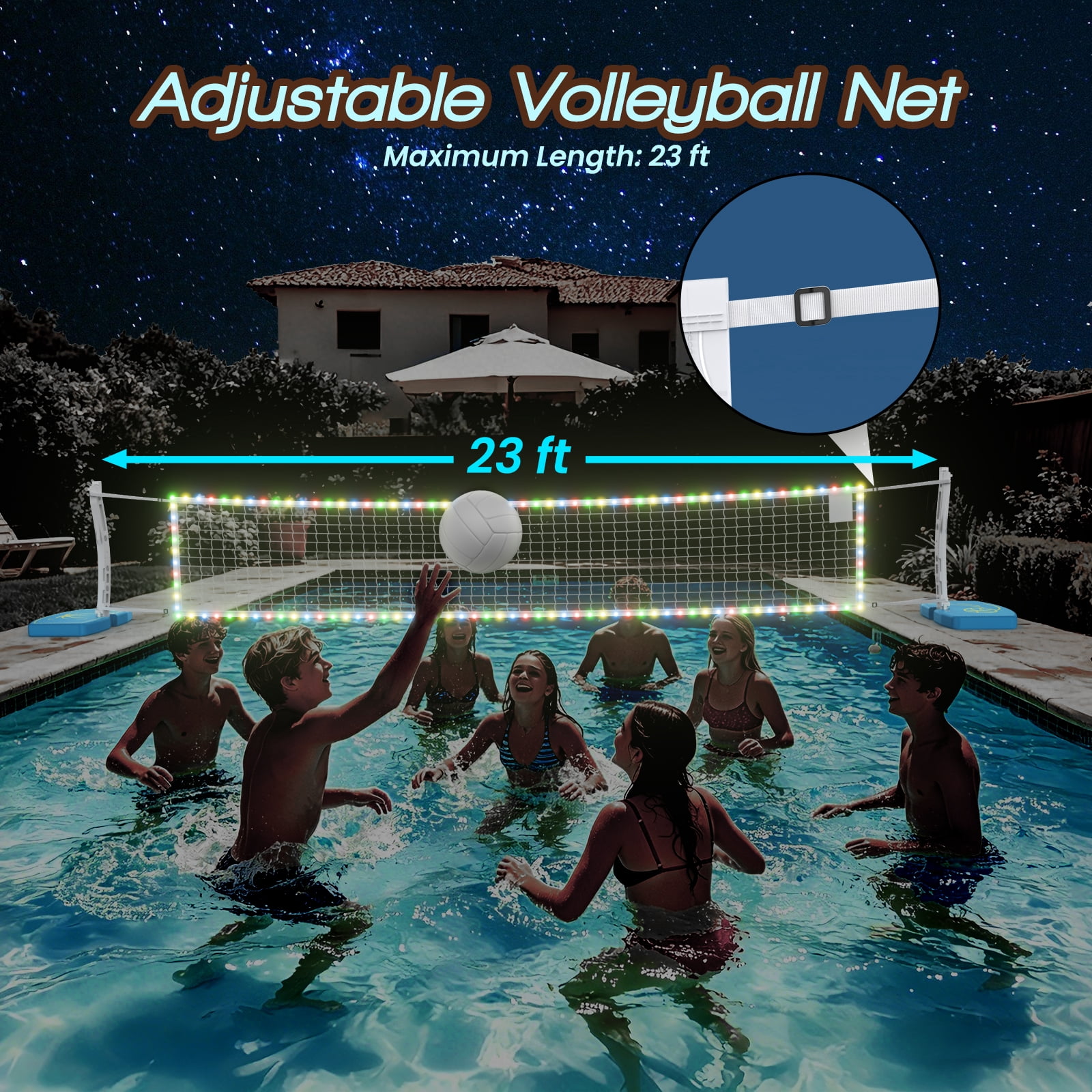 COLIKES 2-in-1 Pool Basketball Hoop Poolside and LED Volleyball Net Combo, Light up Adjustable Volleyball Net, Stainless Basketball Goal, Inground Swimming Water Sports Toy Games for Adults & Teens