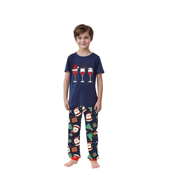 WAGUTH Family Matching 2 Piece Christmas Pajama Sets Short Sleeve Crew Neck Xmas Print Top & Jogger Pants Holiday Loungewear Sleepwear