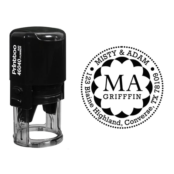 Printtoo Round Custom Address Return Self Inking Rubber Stamp Personalized Initial Monogram Stamper-Black