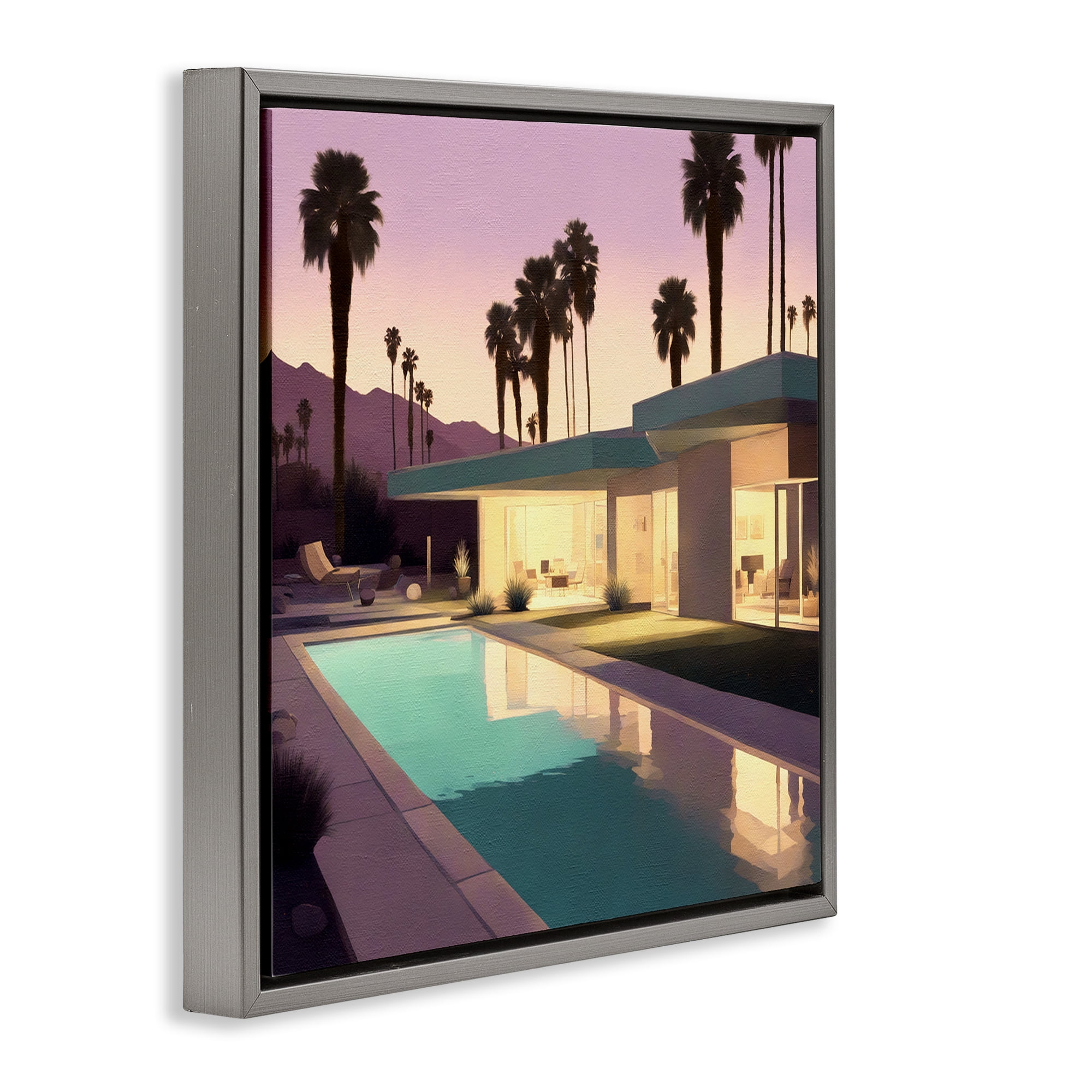 Stupell Industries Palm Trees & Pool Villa Landscape & Nature Painting Gray Floater Framed Canvas Art Print Wall Art, 18 x 18